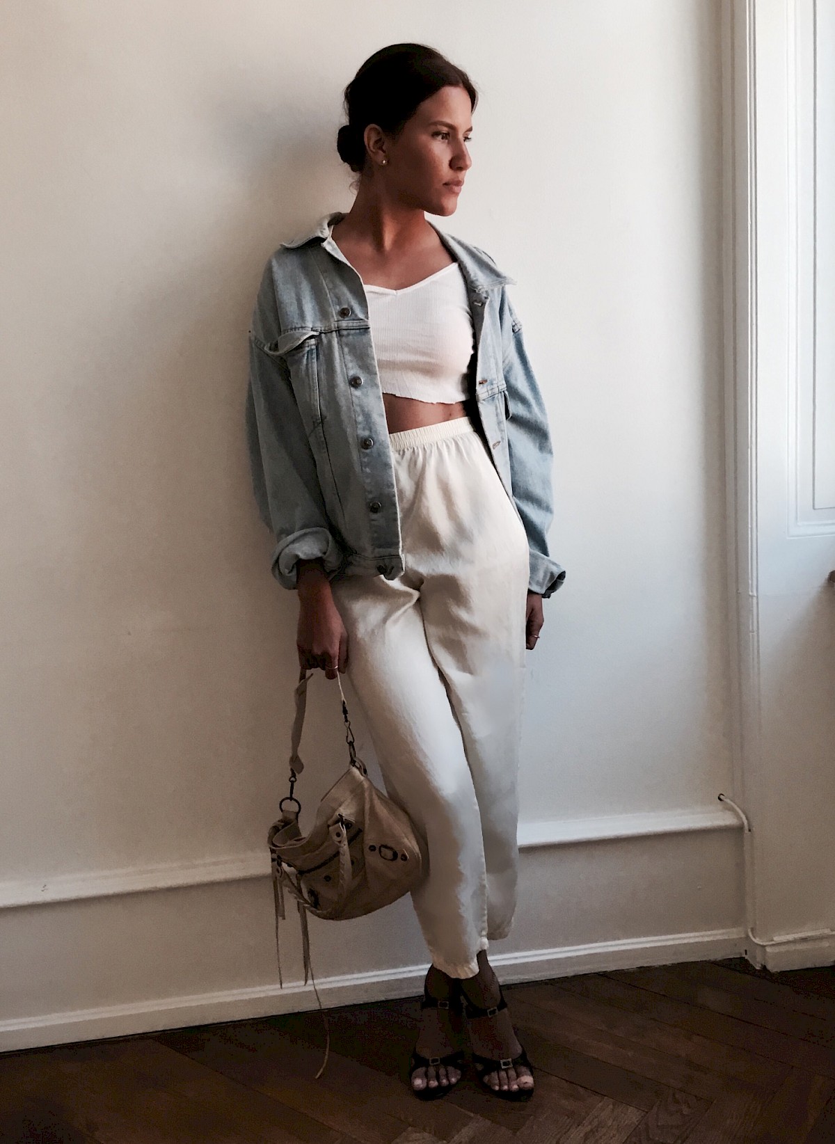 Balenciaga First 2005 HUGO BOSS men boyfriend denim jacket silk vintage pyjama Jimmy Choo classic heel sandals off white